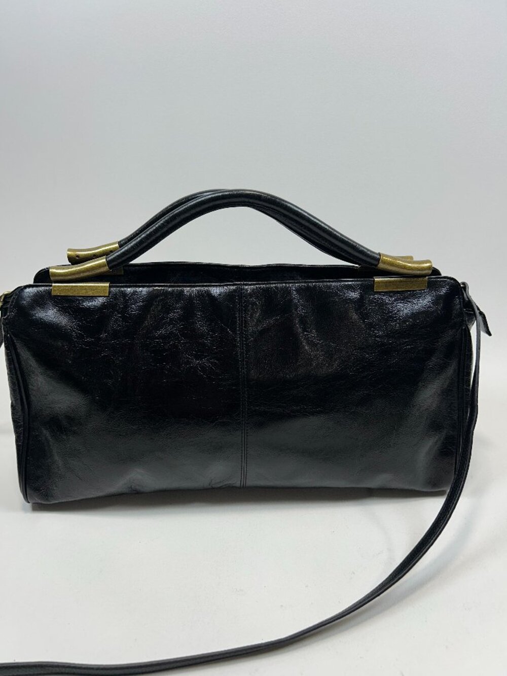 Vntg HOBO INTERNATIONAL Black Glazed Leather Top Handle Large Satchel/Crossbody